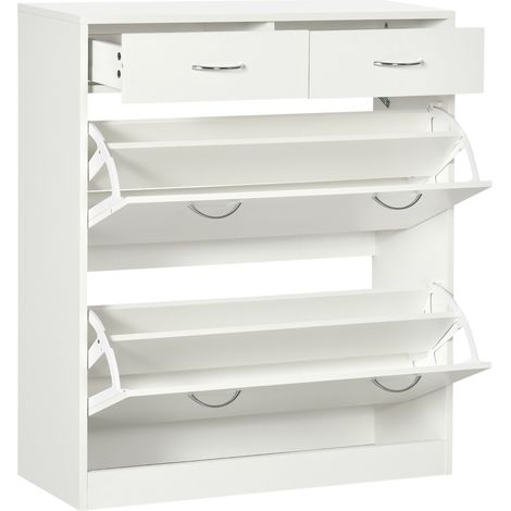 Schuhschrank mit 2 Schubladen, 2 Flügeltüren, verstellbarem Einlegeboden, 80 x 30 x 91,5 cm, Griffe aus naturbelassenem Aluminium (1/5)