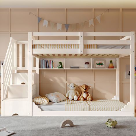 Litera infantil de madera de 90x200 cm con escaleras y estantes de almacenamiento, madera blanca (1/5)