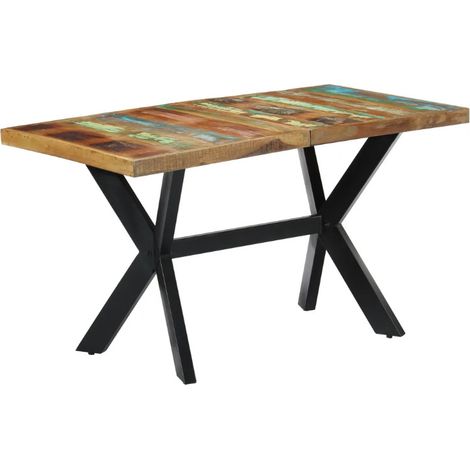 Les Tendances – Table de salle à manger en bois massif recyclé – Pieds en métal noir – Style industriel – 4 à 6 convives (1/5)