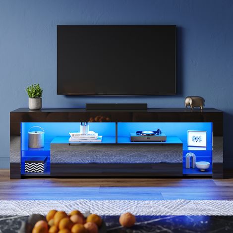 ELEGANT High Gloss TV Stand with LED Lights, Floor Stand TV Unit with Open Glass Shelves and Flip-Down Door Compartment, Black, 1600x350x505mm (1/5)