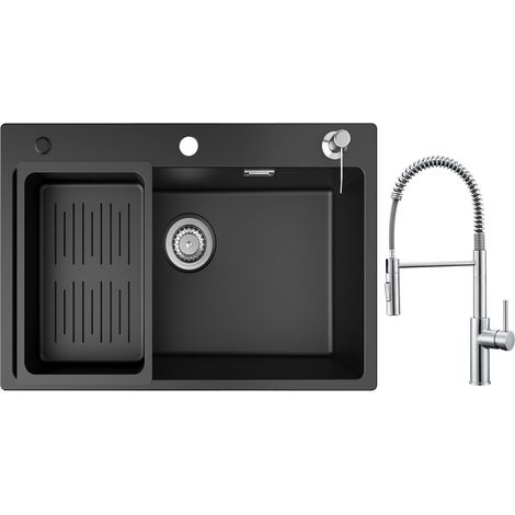 Lavello 1 Vasca in Quarzo e Resina 70x45cm con Piletta e Dosatore Sapone + Miscelatore Cucina Spring con Doccia Estraibile, 2 Modalità di Scarico Acqua, Spazzolato (1/5)