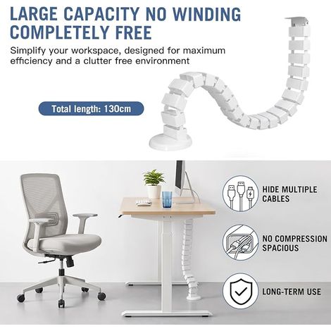 Tuyau d'organisation de câbles de 130 cm pour rangement de câbles sous le bureau - Convient pour les bureaux debout réglables en hauteur - Avec fixation à pince et socle (1/4)
