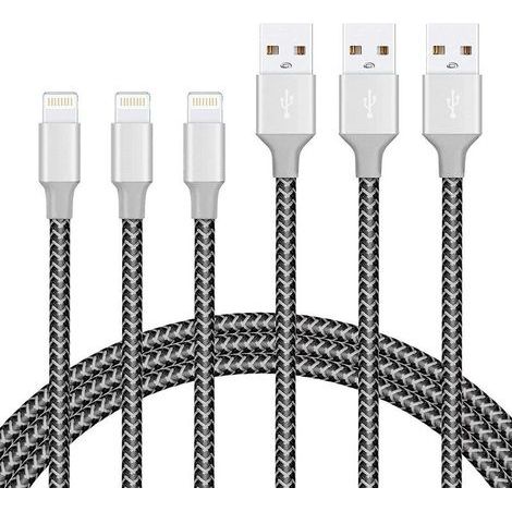 Lot de 3 câbles Lightning de 1,8 m, câble de chargeur iPhone tressé en nylon certifié MFI - Noir (1/2)