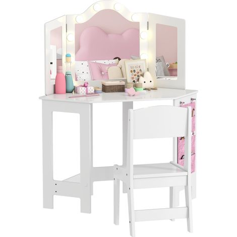 Toeletta per bambini 2 in 1 93.6 x 48.5 x 111.5 cm specchio a 3 ante luminoso portaoggetti scandinavo in MDF bianco 210000269
