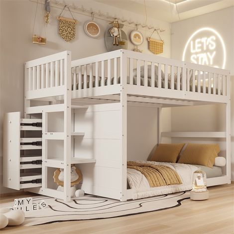 Kinderetagenbett 140x200 cm – mit Stauraum und vier Schubladen – hohes Querträgerdesign – Lattenrost – geeignet für Kinder und Jugendliche – Weiß (1/5)