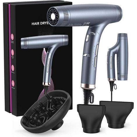 Sèche-cheveux ionique pliable 2200W – Séchage rapide et silencieux – 3 réglages de chaleur, 2 vitesses – Diffuseur et buse magnétique – Idéal maison, salon, voyage – Dark Gray, normes européennes (1/5)