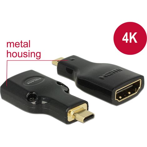 Adaptador micro hdmi-d Macho a HDMI A hembra 4K Negro metalico premium delock