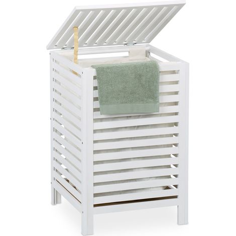 Relaxdays Wäschetruhe, herausnehmbarer Innensack, 63 l, HBT: 65,5x45x45 cm, Wäschesammler mit Deckel, Walnussholz, weiß