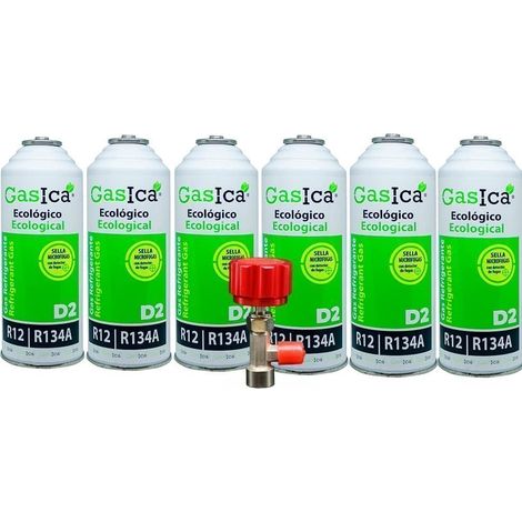 3 pack ahorro (2x226Gr) Botellas Gas Refrigerante Gasica D2 sustituto de R12, R134A más llave recarga Gas (1/5)