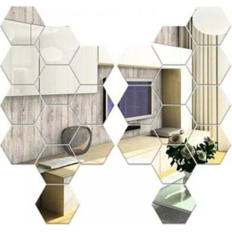 24-Piece Hexagonal Wall Mirror Set, Silver Adhesive Wall Mirror 126×110×63mm, Acrylic Hexagon Self-Adhesive Wall Mirrors for Sofa, TV Background Decoration, Bedroom, Living Room