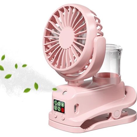 Clip-Ventilator mit Wassernebelfunktion,4 Einstellungen,Tragbarer Mini-Ventilator,Kabelloser Tischventilator,800 mAh Akku,USB-aufladbar,Pink (1/5)