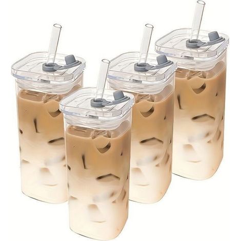 Lot de 4 tasses carrées en verre avec couvercles — Capacité de 13 oz — Idéales pour le café — Pailles incluses — Sans BPA (1/5)