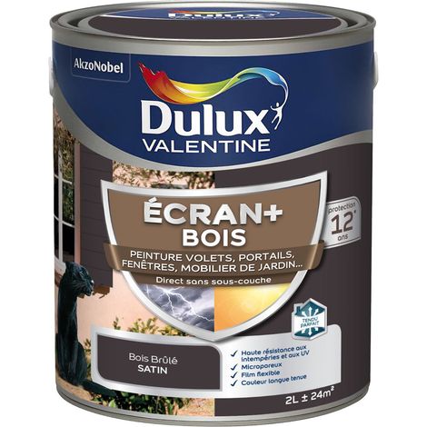 ECRAN+ BOIS - Peinture satinée pour bois extérieur - Volets, portes, fenêtres, portails - Bois Brûlé 2 L - Dulux Valentine