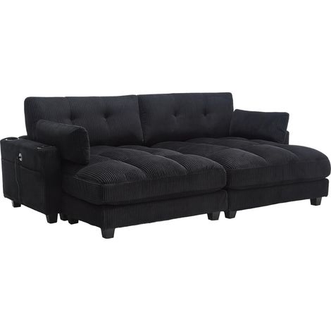 Sillón relax de terciopelo acanalado negro con portavasos, bolsillos laterales y puerto USB (1/5)