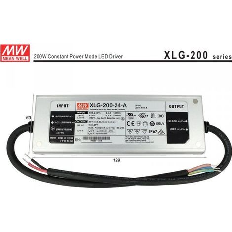 Alimentatore Trasformatore MW MEAN WELL Impermeabile IP67 24V 200W 8,3A XLG-200-24-A (1/5)