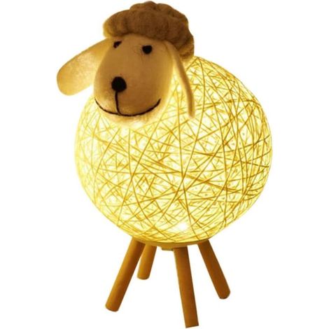 Lampe de chevet LED en forme de mouton, USB, en rotin, en bois, idéale pour la chambre d'un enfant (1/4)