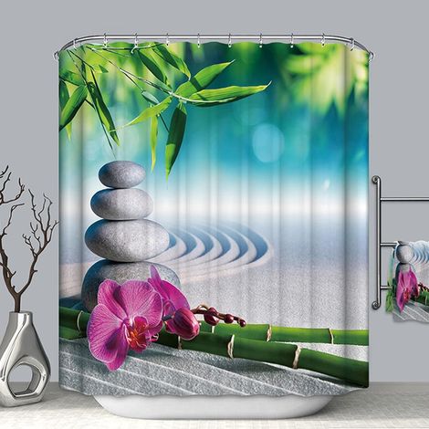 Rideau de Douche 180X200, Rideau Douche Rideau Salle de Bain Zen Rideau de Douche Tissu Bambou Bleu Salle de Bain avec Crochets (1/5)