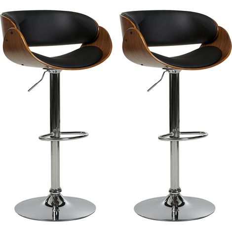 Lot de 2 Chaises de Bar en Cuir PU Pivotantes avec Repose-Pieds Dossier Réglable Bois Foncé et Noir Baku