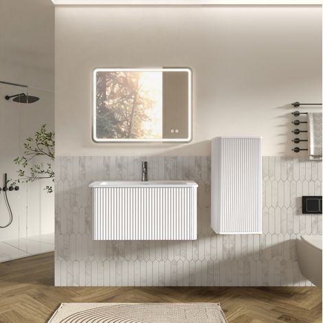 Meuble sous vasque 81x46,5x37 cm en MDF blanc, gain de place pour salle de bain FloraGrace (1/5)