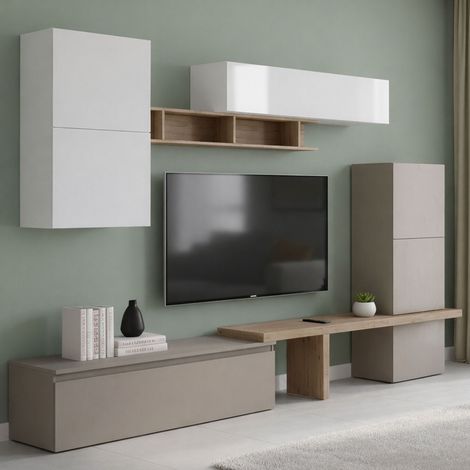 Dmora - Pared Equipada Tammy, Composición de la sala de estar, Muebles de salón, Gabinete de TV, Made in Italy, 290x40 h195 cm, Blanco brillante y Roble (1/4)