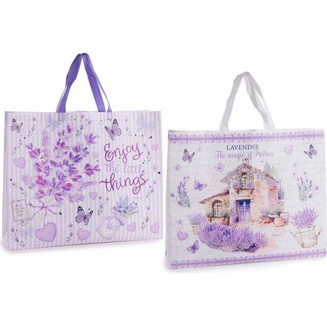 Sacs réutilisables en non-tissé imprimé lavande, lot de 18, 49x12x40 cm (anses 56)