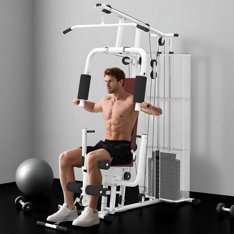Blanche - Station de musculation multifonction acier, traction, développé poitrine, jambes, aviron, poids 45 kg, 150x110x210 cm (1/4)