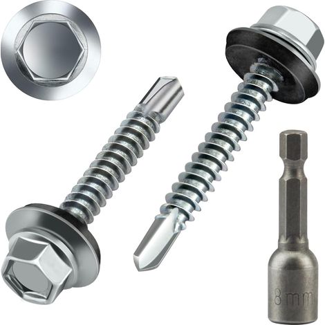 Lot De 50 Vis Auto-Taraudeuses Pour Tôle Trapézoïdale 4,8 X 35 Mm Avec Rondelles EPDM Vis Étanches Hexagonales Autoperceuses Pour Toiture Tôle Ondulée Avec 1 Clé À Douille (1/5)