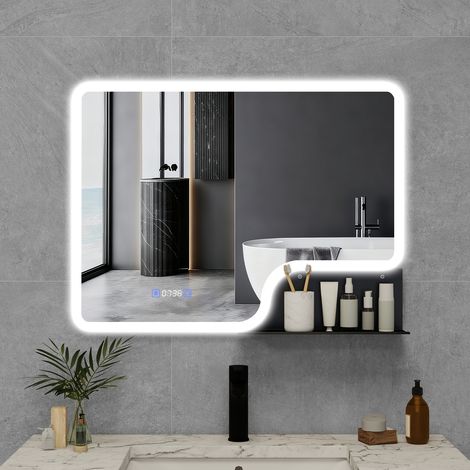 Puluomis Miroir rectangulaire de salle de bain, LED, 80 x 60 cm, miroir de maquillage mural Éclairage réglable en 3 couleurs, luminosité variable, anti-buée, tactile, affichage numérique, Étanchéité, (1/5)