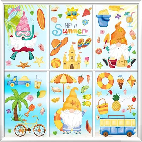 Autocollants Fenêtre Été, Grand Nain de Jardin Plage Fruits Stickers Vitre, Amovibles Statique Verre Autocollant Été Decor pour Chambre d'enfant Fête Maison Fenêtres Portes Verre Boutique École (1/5)