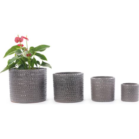 Pot de fleurs en céramique individuel de taille moyenne Ø31 cm, gris brillant avec motif à chevrons tout autour, respirant, résistant au gel avec trou de drainage pour plantes moyennes et herbes de cu (1/5)