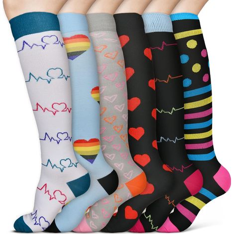 Calcetines de compresión, 6 pares, 15-20 mmHg, para mujer y hombre, ideales para atletismo, ciclismo, correr y viajes en avión (tallas S/M, multicolor). (1/5)