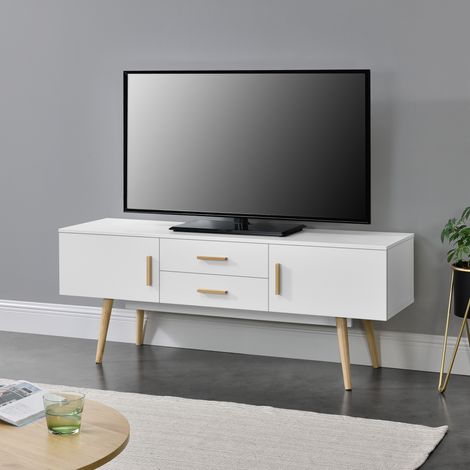 Mobile Porta TV con 2 Armadi e 2 Cassetti 140 x 40 x 56 cm Supporto TV con Passaggio Cavi Tavolino Consolle - Bianco (1/5)
