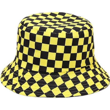 Chapeau bob Wekity mignon, chapeau de pêcheur de plage pour femmes, réversible, unisexe (à carreaux, noir et jaune) (1/5)