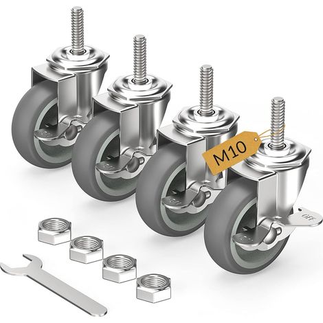 Roulettes pour meubles 75 mm avec freins, M10 x 1,5 x 30 mm Lot de 4 roulettes pivotantes à tige filetée - Roulettes charge lourde verrouillables Gris (1/5)