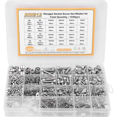 Assortiment de 1220 vis, écrous et rondelles M2, M3, M4 et M5 à tête ronde et six pans creux en acier inoxydable