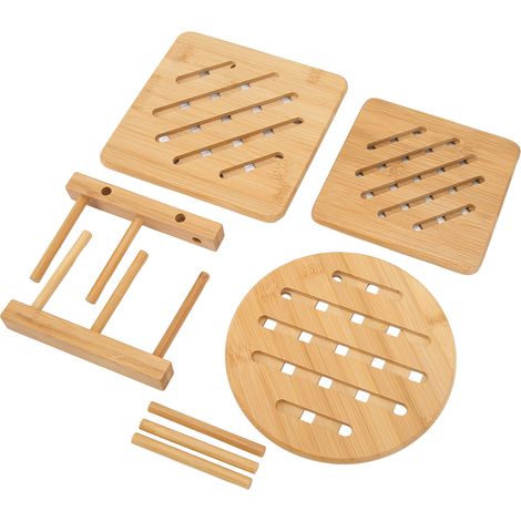 Lot de 3 sets de table en bambou épais et multifonctionnels avec support, antidérapants et isolants, pour camping-car et maison. (1/5)