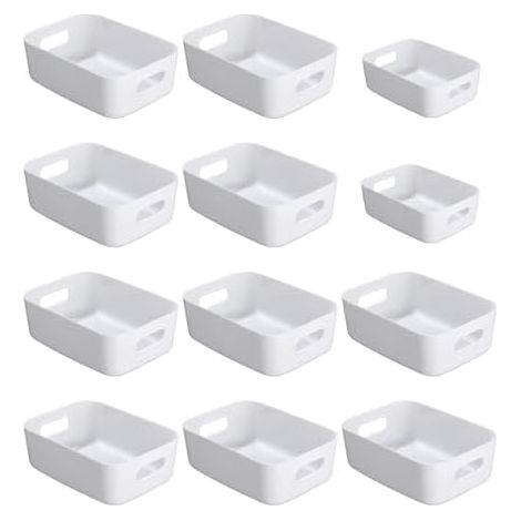 Panier de rangement en plastique,Lot de 12 paniers de rangement empilables avec poignées pour Cuisine,Placard,Bureau (Blanc) (1/5)