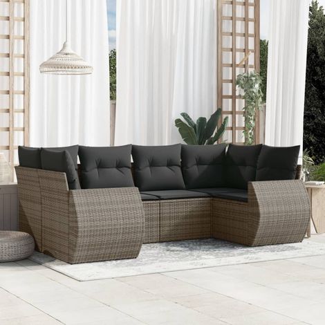 6-tlg. Garten-Sofagarnitur mit Kissen Grau Poly Rattan (1/3)