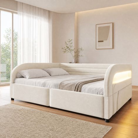 Lit coffre 140x200 cm en tissu et MDF beige, avec rangement pour chambre, sans matelas FloraGrace (1/5)