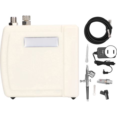 Kit de pistolet à air double action avec compresseur, filtre huile-eau et raccord de tuyau pour maquillage – 100‑240V, prise US, blanc (1/5)
