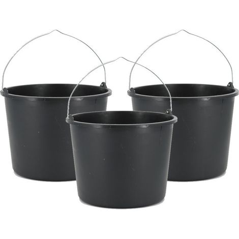 LOT de 3 Seaux noir 12L en plastique robuste avec graduation et poignée métallique pour jardin ou chantier