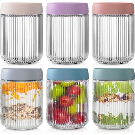 Lot de 6 pots en verre étanches (500 ml) avec couvercles striés pour flocons d'avoine préparés la veille – Idéals pour yaourts maison, flocons d'avoine, salades et confitures. (1/5)