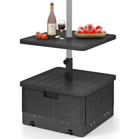 Pied de parasol 3-en-1 noir en HDPE, bac à fleurs, plateau table modulable, sac de lest remplissable eau/sable jusqu’à 80 kg, roulettes poignées adaptateur pour mât 38/48 mm terrasse jardin piscine (1/5)