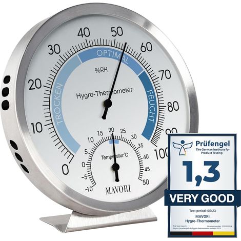 Higrómetro y termómetro analógico para interiores 2 en 1 de acero inoxidable Medidor de humedad para un clima interior saludable Ø 12,5 cm (1/5)