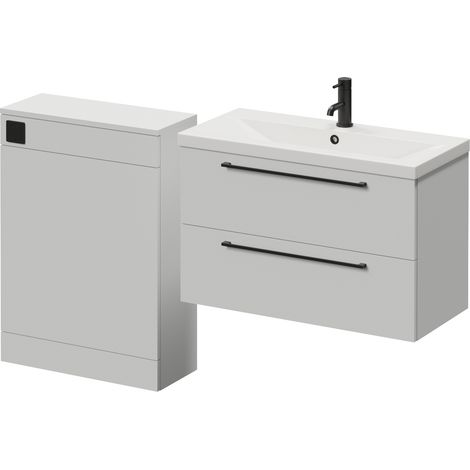 Napoli 390 Cento Gloss Grey Pearl 1400mm Wall Mounted 2 Drawer Vanity Unit and Toilet Suite with Glide Basin - 1400mm - Matt Black 480mm HandleWithout Kingston Toilet Pan