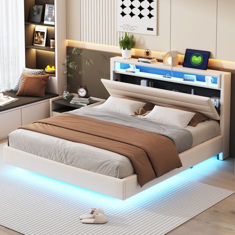 Letto adulto 160x200 cm con LED, presa USB, vano comodino e piede nascosto, in tessuto lino beige, materasso non incluso (1/5)