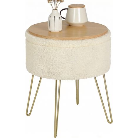 CHICFURN Puf de almacenaje redondo 39x44 cm de MDF y poliéster beige, con bandeja, 1 pieza (1/5)