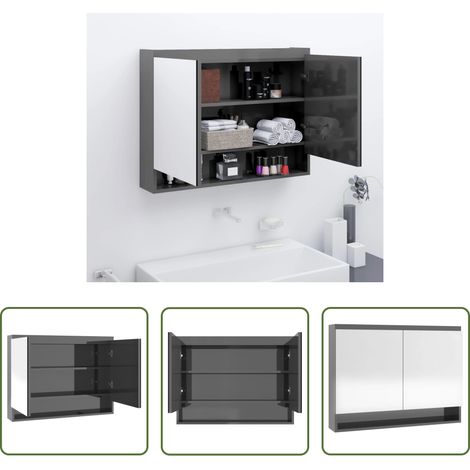 vidaXL Armoire à miroir de salle de bain 80x15x60 cm MDF Gris brillant (1/5)