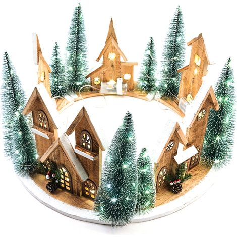 Paesaggio di natale in legno con luci a batteria sott'albero decorativo -Naturale (1/4)