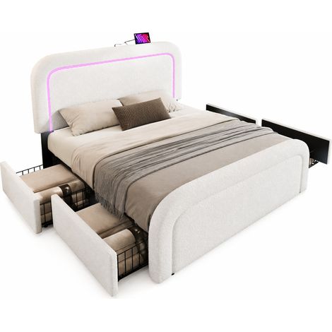 CHICFURN Cama tapizada 160x200 con USB Tipo C, iluminación LED, 4 cajones, cabecero regulable y estilo Sherpa blanco, ideal para dormitorio de matrimonio (1/5)